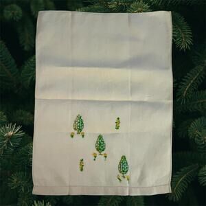 VTG Linen Handmade Embroidered Napkin Cream Color Pine Trees Flowers Cottagecore